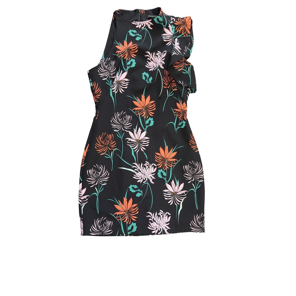 Black Halo Floral Print Dress One Shoulder Ruffle Black Size 4